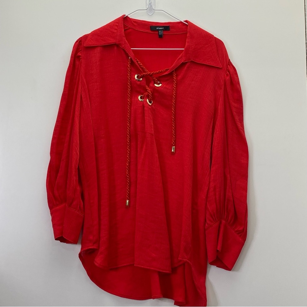STUDIO F Women's Colorful Solid RED Front Tie High/Low Hem Boho Top Pi…
